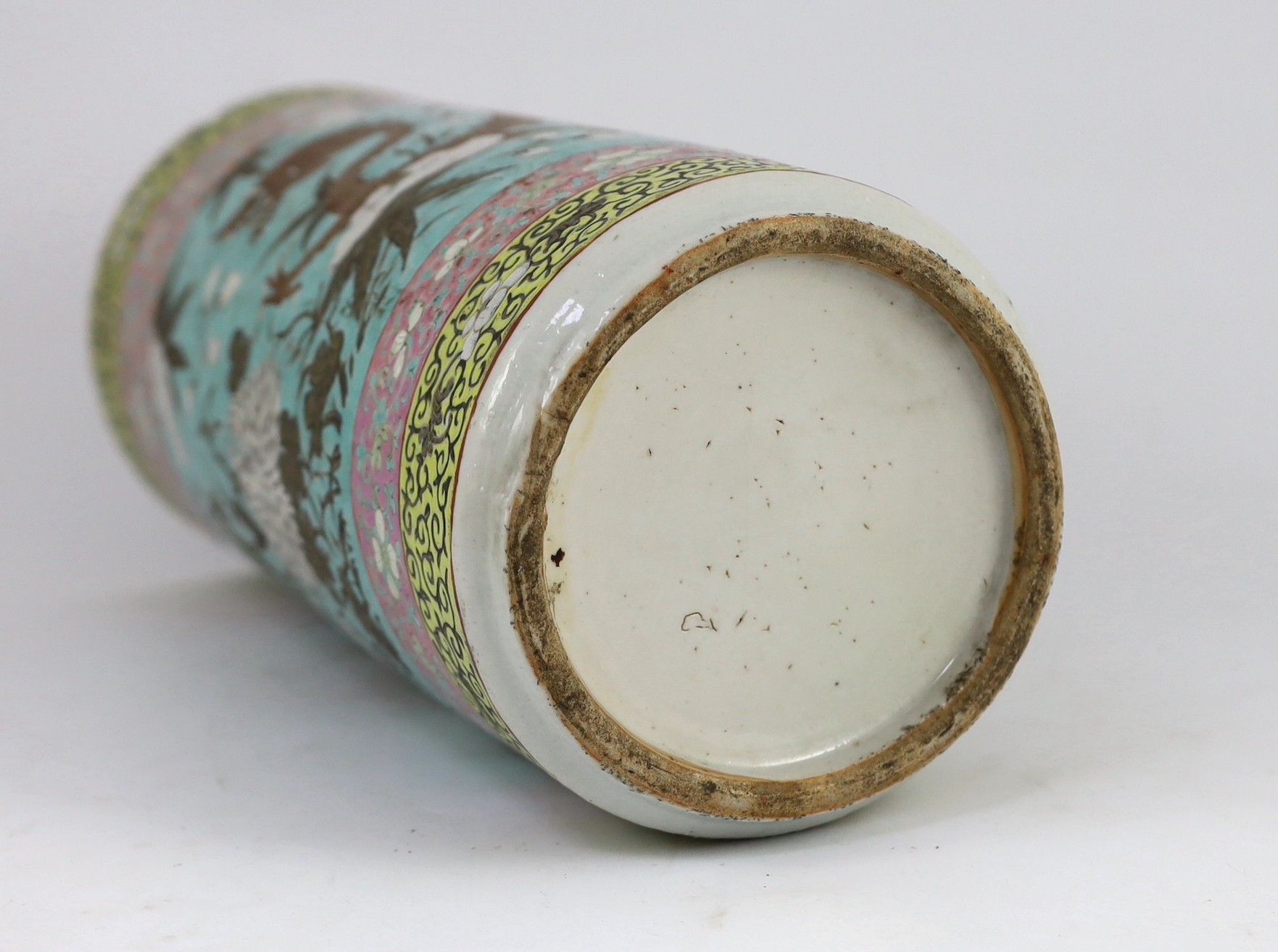 A Chinese enamelled porcelain ‘dragon’ cylindrical vase, late 19th century, 35.5cm high, rim splinter chips